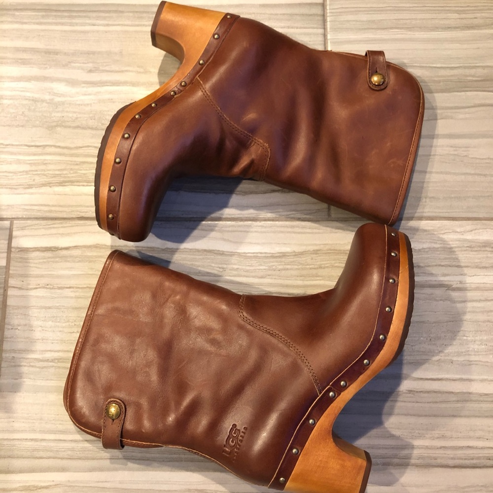 UGG Lynnea Leather Shearling Wood Clog Boots